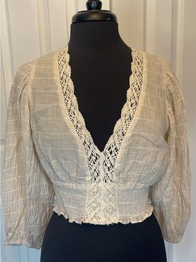Cotton Candy Lace Trim Cream Crop Top L